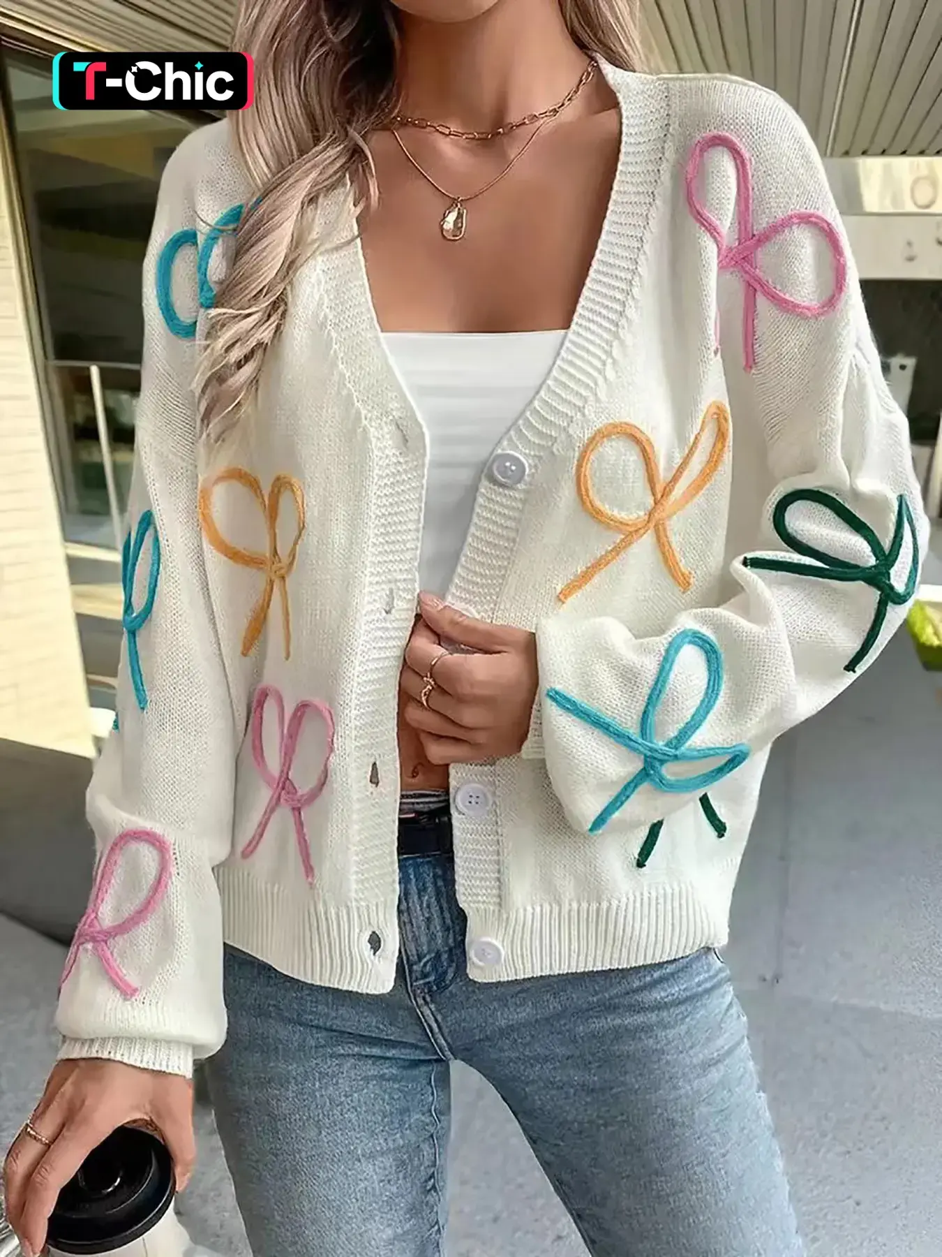 Sweet Temperament Three-dimensional Flower Loose Long Sleeve Sweater Autumn Winter Colorful Bow V Neck Sweater Cardigan Women Knit Cardigan Casual Fashion Knitwear