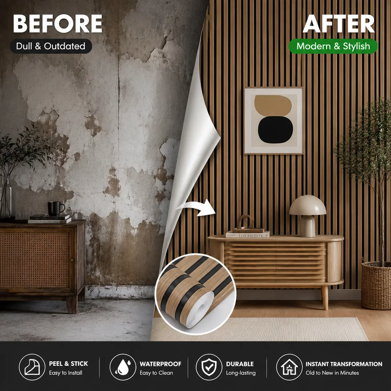 3D Wood Grain Stripe Textured Self-Adhesive PVC Waterproof Indoor Wallpaper, Bathroom & Bedroom Wall Sticker, Wall Paper for Bathroom Waterproof, Bathroom Decor Ideas, Kitchen Decor