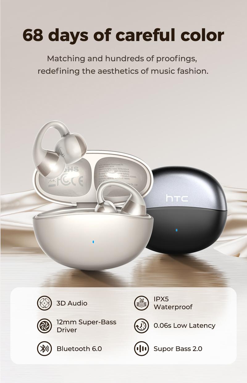 HTC NE56 OWS - New clip-on earphones. Bluetooth headset (6.0), IPX5 waterproof, with charging case and built-in microphone. Super comfortable to wear, excellent sound quality, and a three-month warranty! Suitable for a variety of occasions.