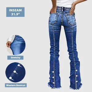 Flamingals Wash Seam Back Button Decor Raw Hem Mid Rise Bootcut Jeans Flamingals Wash Seam Back Button Decor Raw Hem Mid Rise Bootcut Jeans