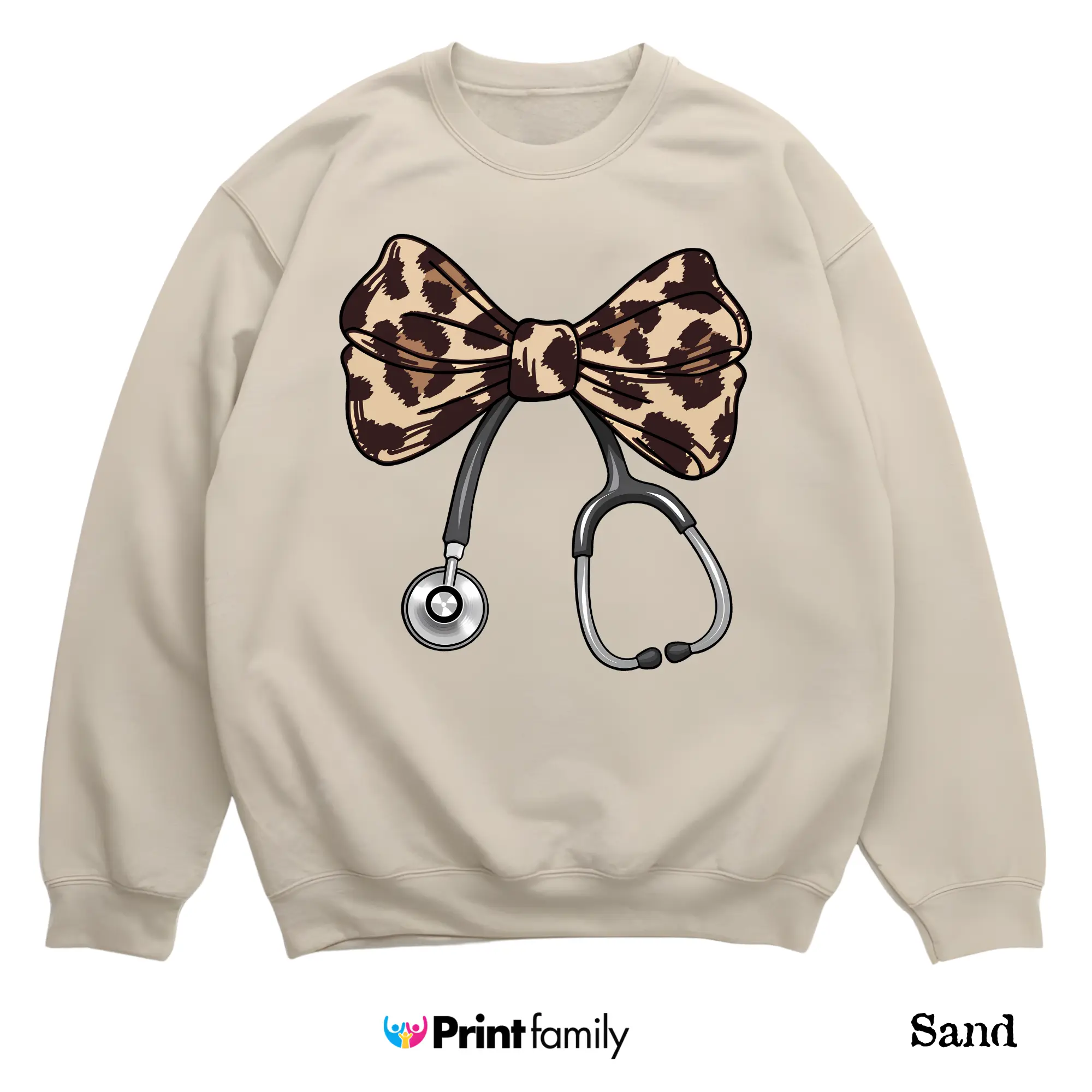 Leopard Bow Stethoscope Sweatshirt, T-Shirt - Cute Nurse Graphic Crewneck Tee, Healthcare Aesthetic Streetwear, Funny Nurse Gift for Women and Men