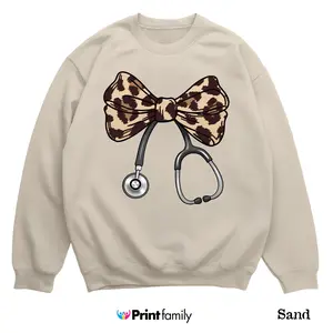 Leopard Bow Stethoscope Sweatshirt, T-Shirt - Cute Nurse Graphic Crewneck Tee, Healthcare Aesthetic Streetwear, Funny Nurse Gift for Women and Men