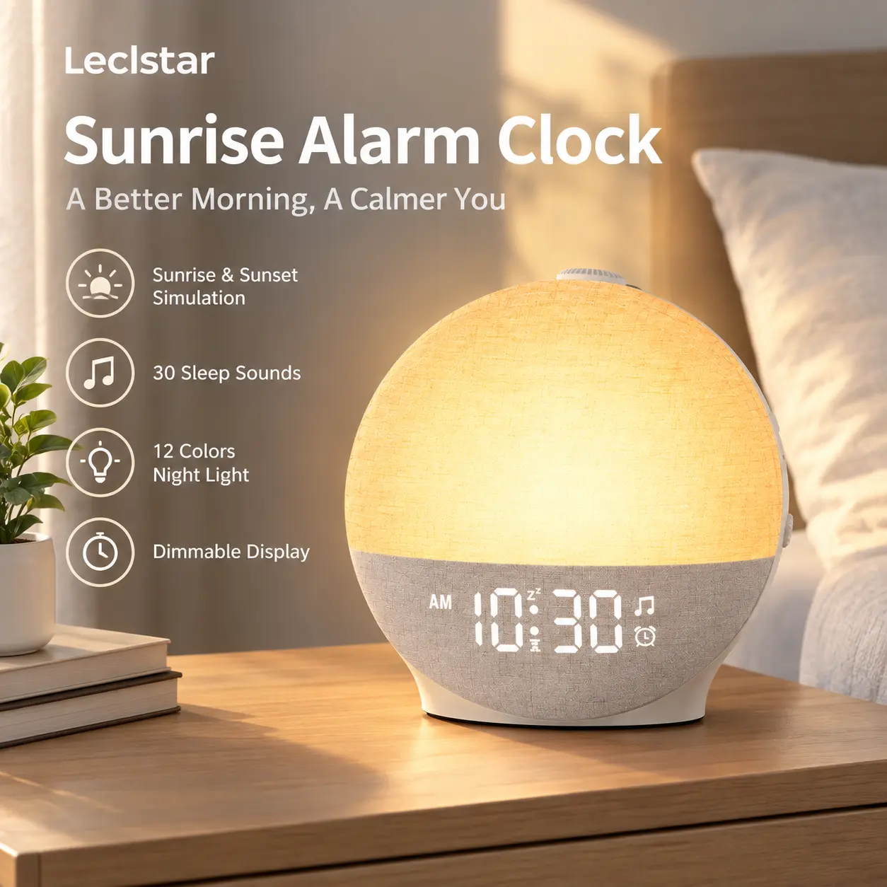 Leclstar Sunrise Alarm Clock, White Noise Machine & Wake Up Light, 30 Sleep Sounds, Dimmable LED Night Light with 12 Colors, Digital Alarm Clock, Sleep Aid for Bedroom, Adults & Kids