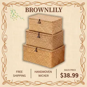 Nonam Handwoven Natural Seagrass Bin with Lid Set of 3 Rectangular Household Storage Boxes for Home Organization Boho Decor Gift