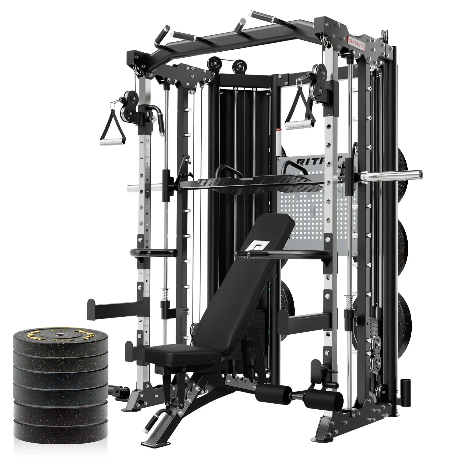 RitFit BPC06 All-In-One Smith Machine Home Gym Package with weight stack set,Space-Saving Power Rack and Quiet Functional Trainer with Built-in Plate Storage