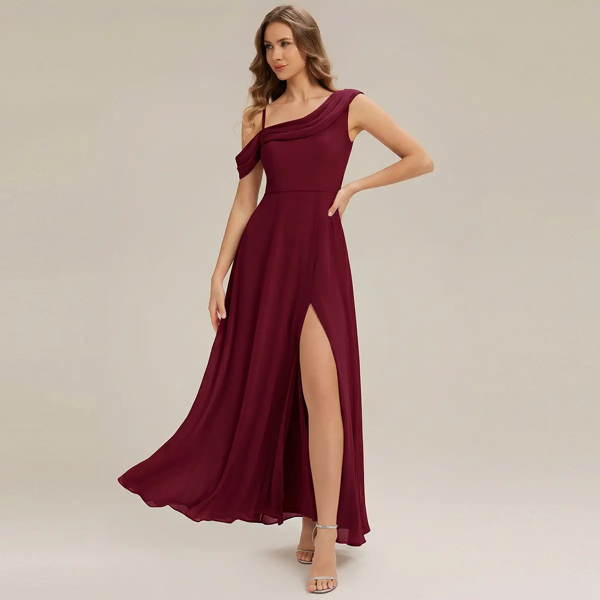 EVER-PRETTY 2026 New Trend One Shoulder Asymmetric Neck Sleeveless Chiffon Maxi  Dress Side Slit Flowy Bridesmaid Wedding Guest Evening Party Gown ES02704 -  TikTok Shop