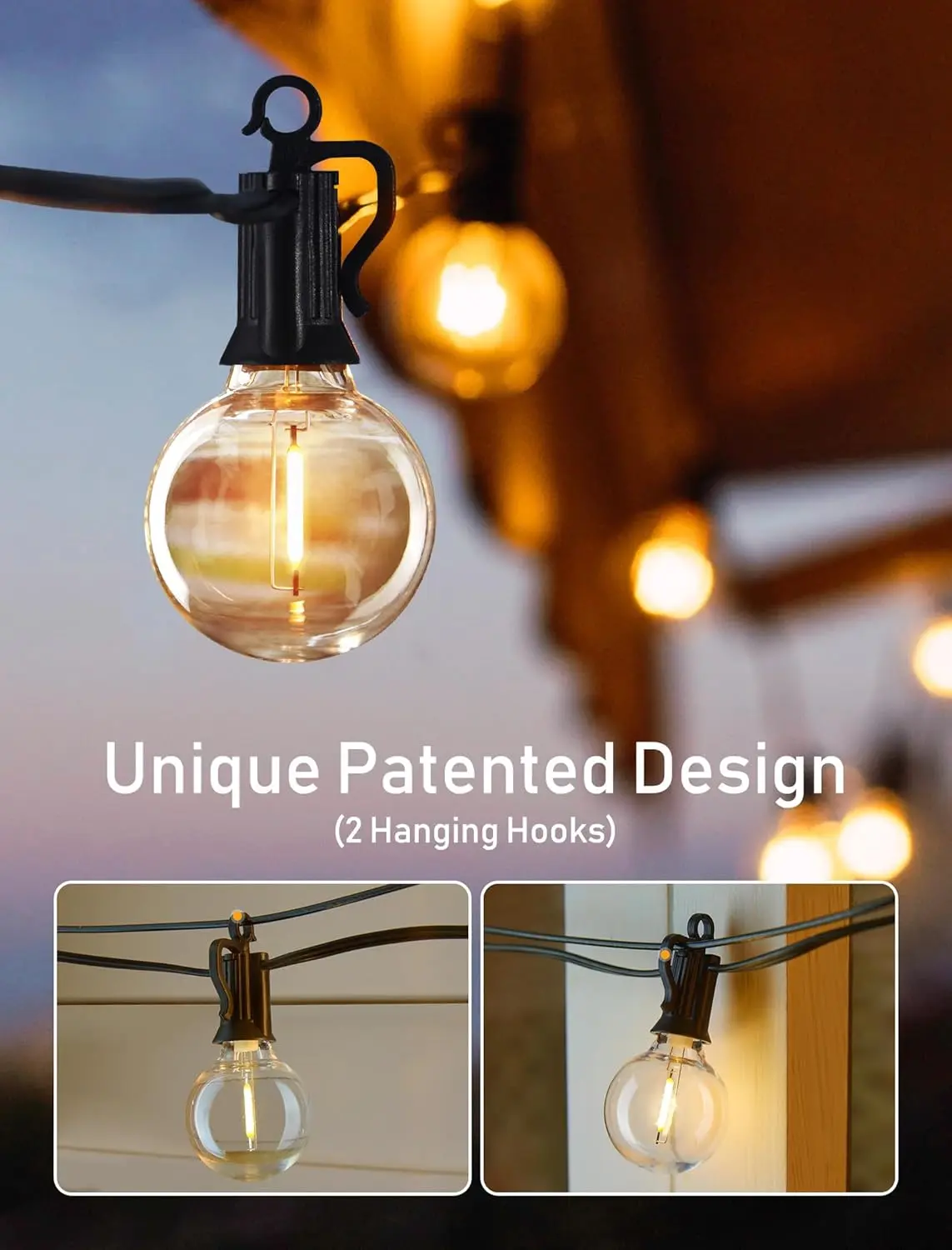 Solar Outdoor String Patio Bistro Lights 50ft 52LED 3W G40 Bulbs USB Rechargeable Portable Edison Café String Lights for Porch Pergola Backyard Garden Pool Party Camping Unique Patented Design 2 Hanging Hooks