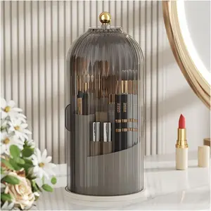 Makeup Brush Storage Box with Lid 360° Rotating Transparent Dust-Proof Cosmetic Organizer for Vanity Table & Bathroom Countertop Gray Cap