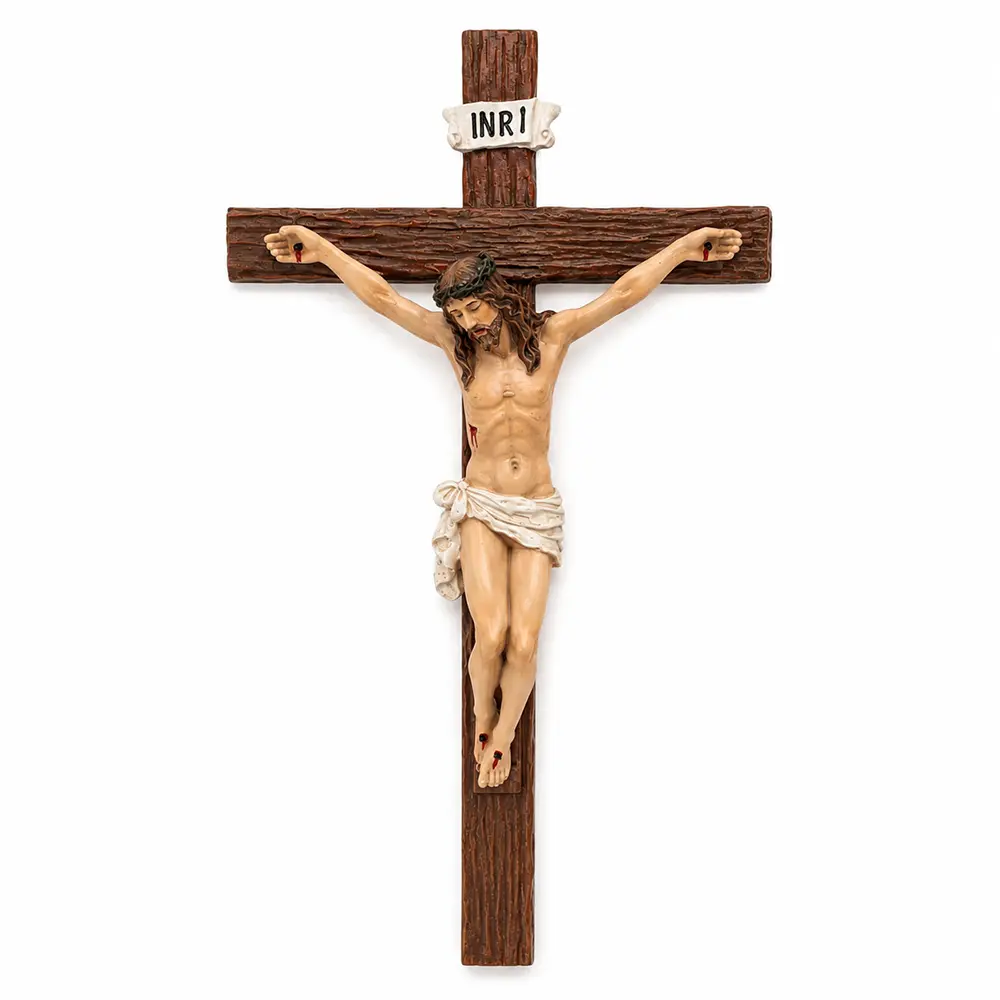 Premium Catholic Crucifix Cross, 10x5.4in Cross Design Religious Ornaments, Wall Hanging-Church Wall Decor & Standing Desk Decor for Christian Home Altar, Easter Gift, Wall Mount, Wood Grain