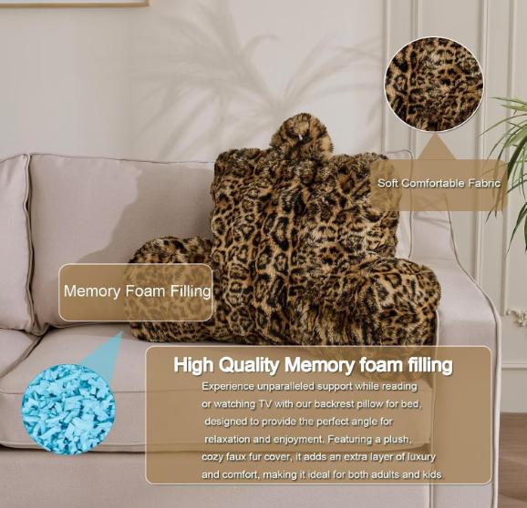 18in Velvet Bed Wedge Pillow - Adult Back Rest Support Cushion for Sitting Up in Bed/Couch, Leopard Brown Sleeping Pillow, Pillows