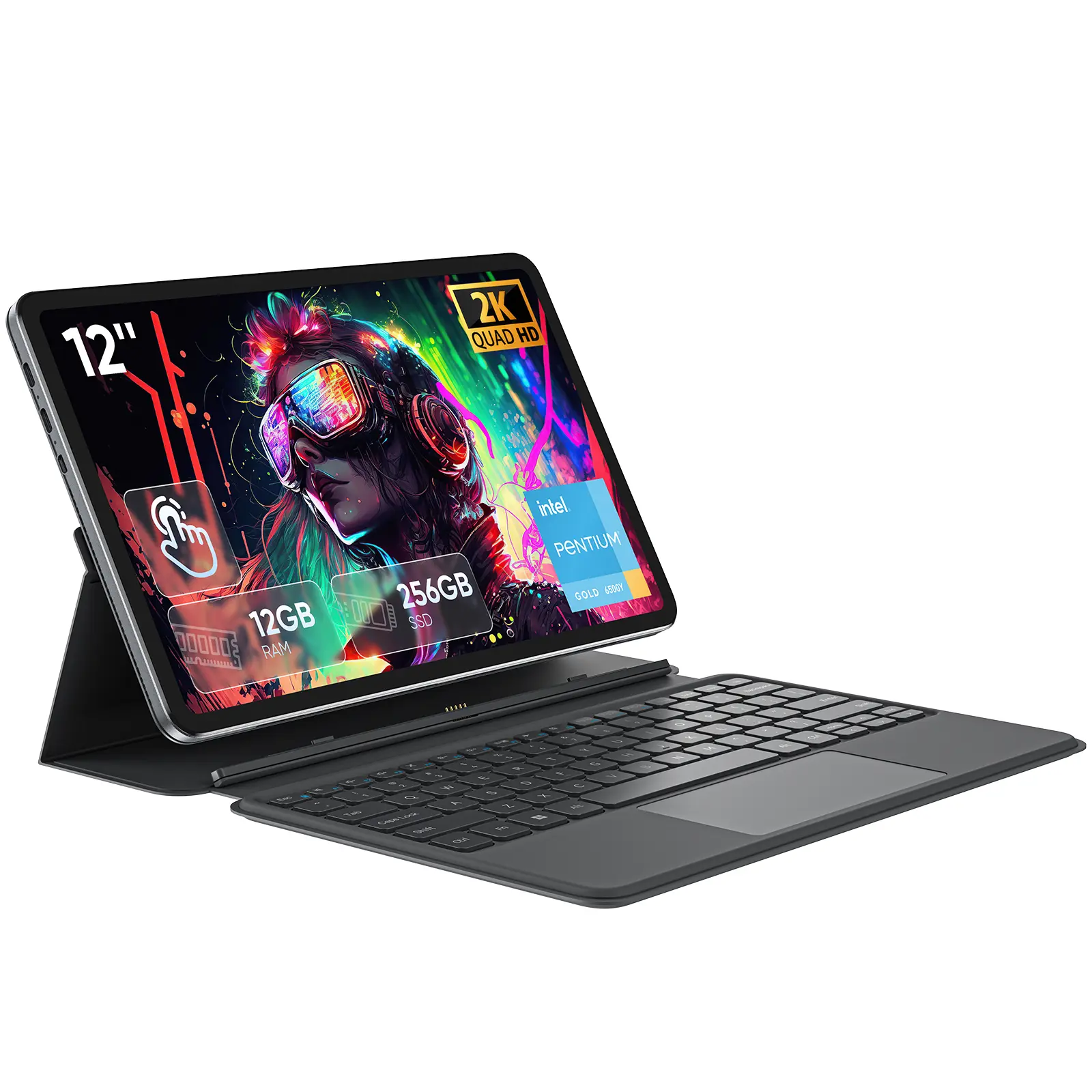 2-in-1 Portable Touch Screen Laptop with Optional Magnetic Keyboard, Intel Pentium Gold 6500Y, 12GB RAM, 256GB SSD, 12" 2000×1200 IPS Touchscreen, WiFi 5, Bluetooth 5.0, Built-in Camera, Data Transfer, Class & Travel Use, Portable Laptop, Computer