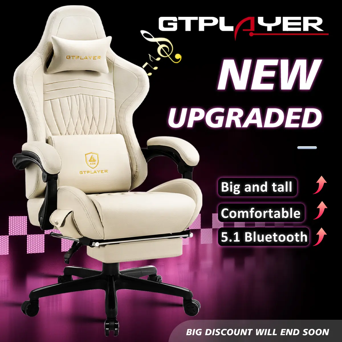 GTPLAYER High-Back Ergonomic Gaming Recliner Chair - Leather & Metal Build, 150° Recline, Curved Back, Linkage Arms, Footrest, Bluetooth Audio, Springtok Surround Sound, Work and Play Office & Man Cave Furniture, Rolling, Home Office