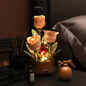 Dynamic Interactive Building Block Flower One Click Blooming Ambient Night Light Educational Assembly Desktop Ornament Perfect Gift(Building block style, requires assembly)