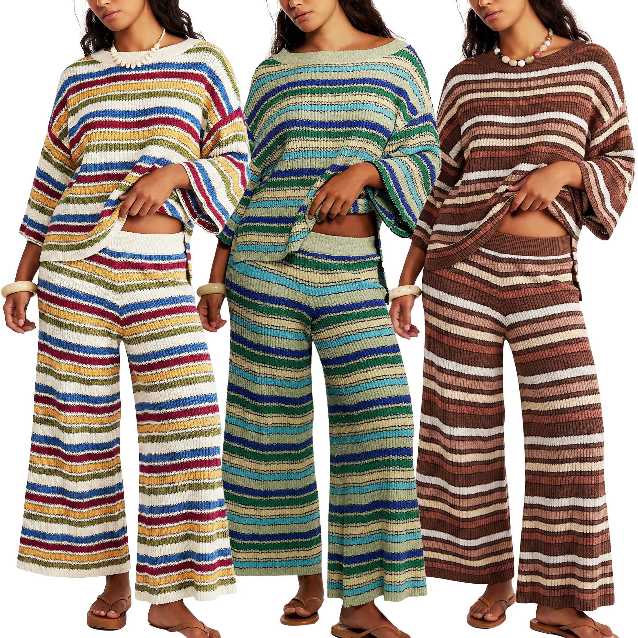 Wandal Women's Oversized Colorful Stripe Knit 2-Piece Loungewear Clothes Set - Loose 3/4 Sleeve Sweater, Wide Pants for Casual Daily Outfit