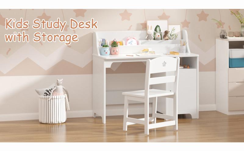 【GARVEE】Study Desk and Chair Set with Hutch and Storage Cabinet, Wooden Table for Students Aged 3-12, Ideal for Bedroom and Study Room, Functional Writing Desk and Computer Workstation