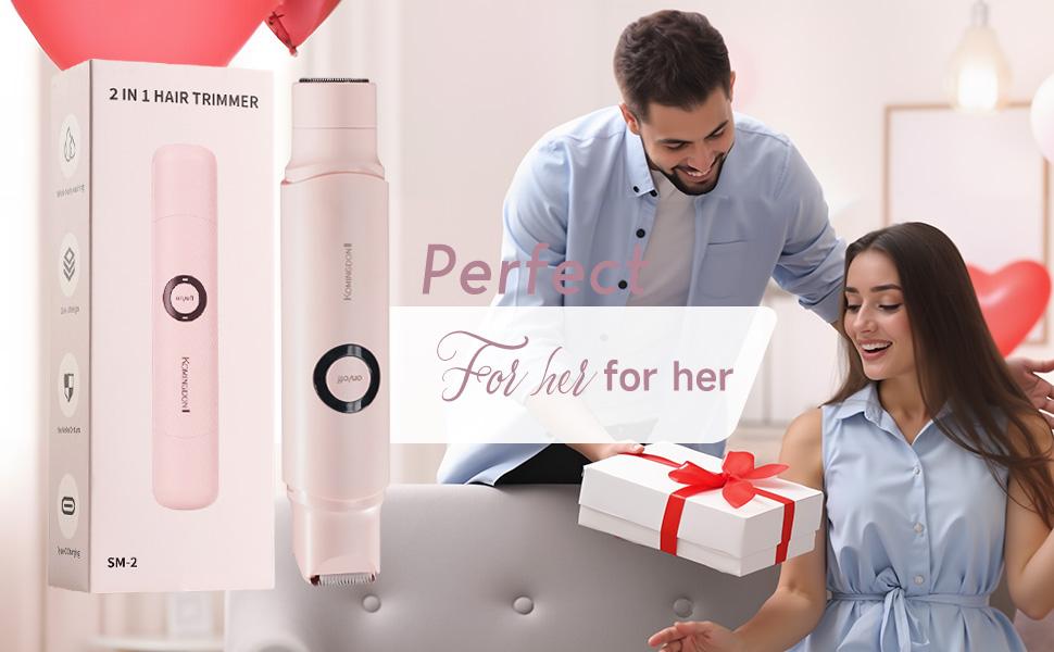 Bikini Trimmer for Women, Electric Shaver and Razor Rechargeable, 2 in 1 Double Head Dual Purpose, IPX7 Waterproof, for Painless Trimming of Pubic Hair, Face, Underarms and Legs, Gift,  Handy