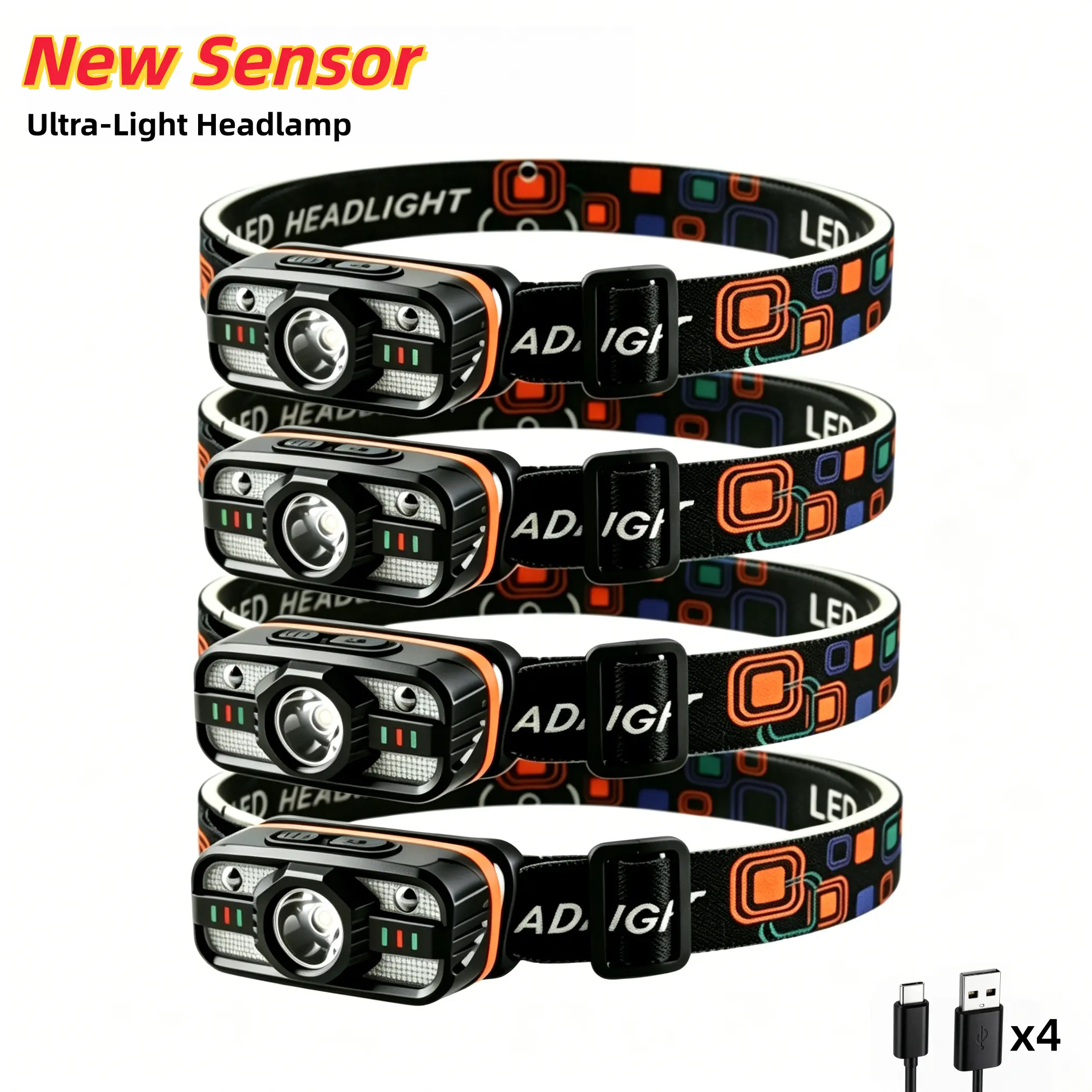 4-Pack Upgraded Dual-Light LED Headlamp, USB Rechargeable with Motion Sensor & 6 Lighting Modes, Long Lasting Headlamp for Night Camping, Hiking and Emergency Use, Hiking Flashlight, Usb Rechargeable Flashlight, Portable Emergency Light, Night Outdoors, R