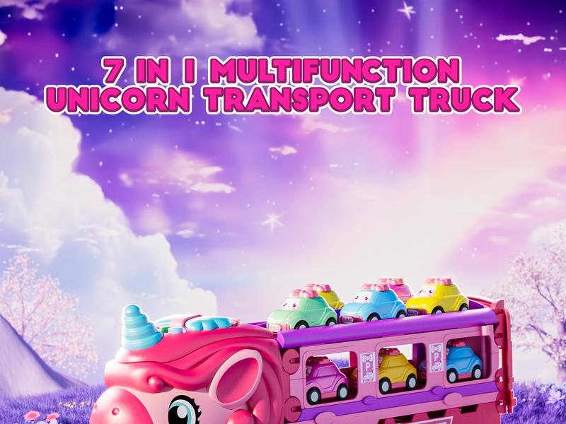 Durable Garage Multifunction Dinosaur/Princess/Unicorn Truck Toys for 2-7 Year Boys & Toddlers Foldable Track 2 Player Race Mode Light Sound Transport Carrier with 6 Dino Cars 12 Accessories Birthday Christmas Gift Idea for Kids Girls