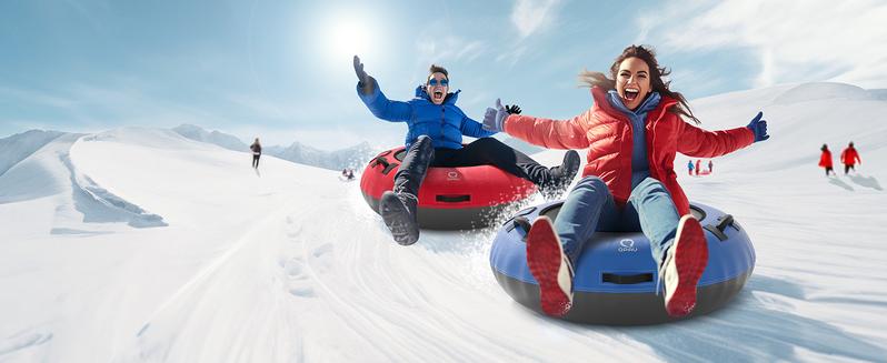 QPAU Inflatable Snow Tube with Premium Canvas Cover for Kids and Adults, Heavy Duty Snow Tube Made by Thickened Bottom, Sled Winter Outdoor Fun Toys for Children Boys Girls