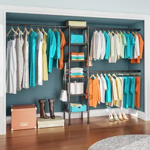 Ulif M1 Closet Storage Organizer System, 6 Tiers Heavy Duty Metal Garment Rack with 3 Expandable Hanger Rods, Wall Mounted Space Saver Suits from 5.4-8.7 ft. Width, 71.2”H x 14”D, 700LBS, Black