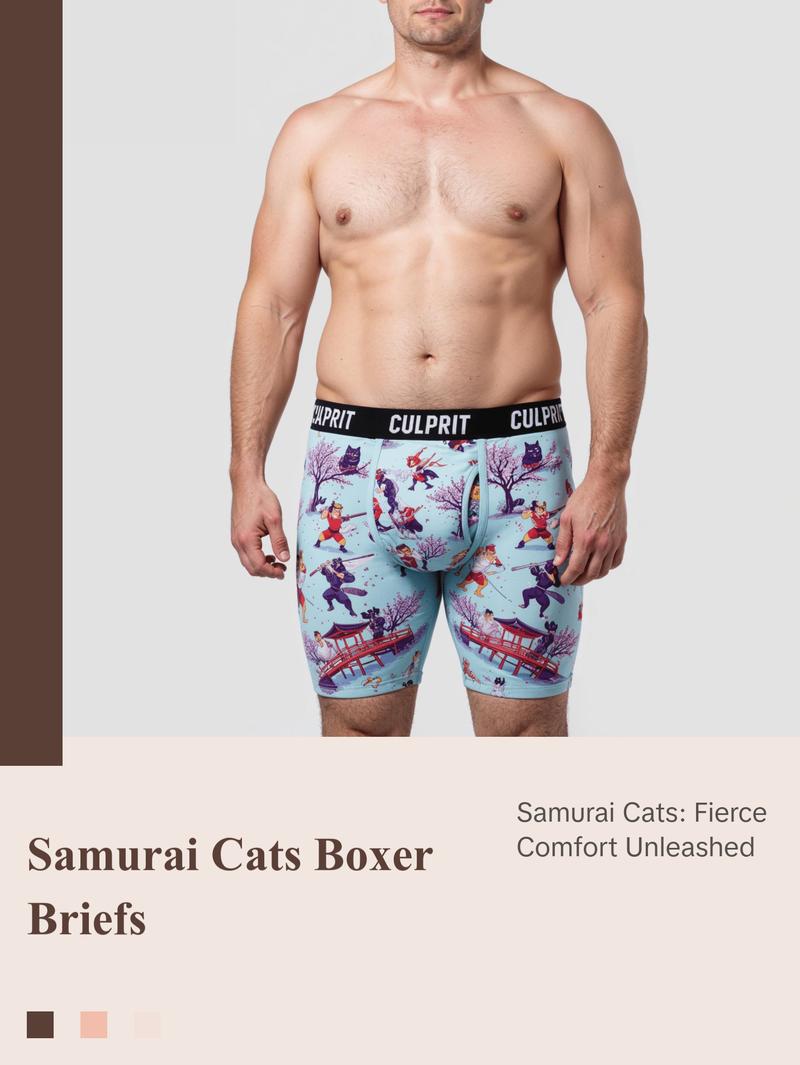Samurai Cats Boxer Briefs w/ Fly for Men – Fierce Style, Supreme Comfort & Everyday Functionality Menswear