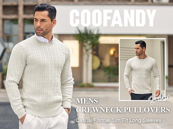 COOFANDY Men's Crewneck Knit Sweater Slim Fit Lightweight Casual Twist Patterned Cable Knitted Pullover