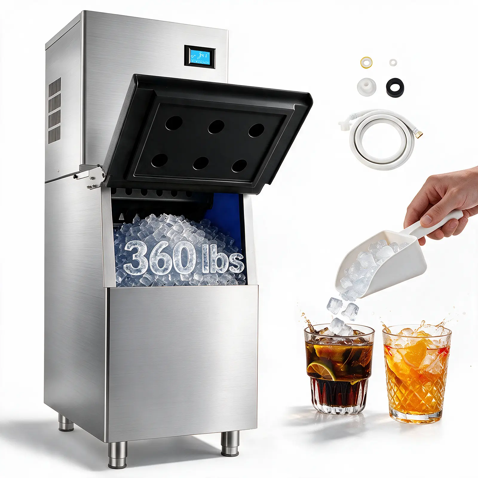 VEVOR Commercial Auto Cleaning Ice Making Machine, 360LBS/24H Large Cap Unit with 250LBS Storage Bin, Touchscreen for Bar & Cafe Businesses