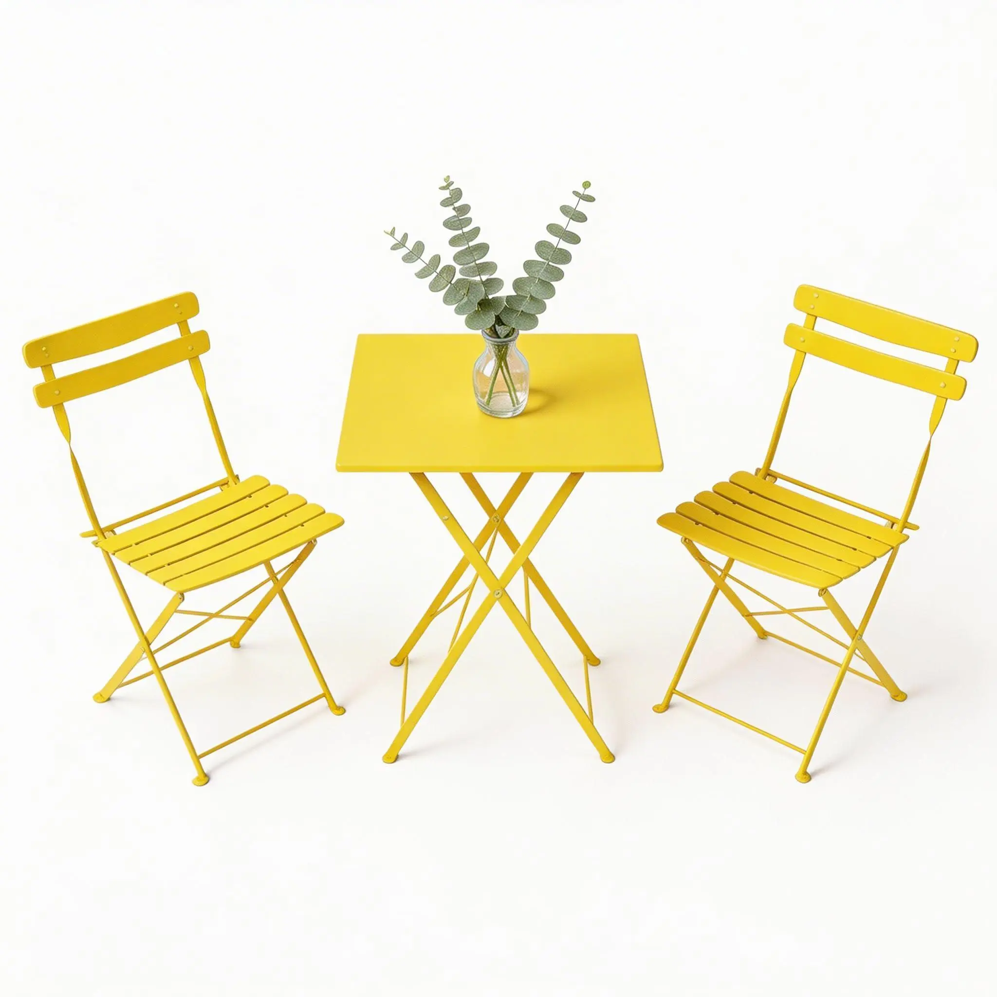 3 Piece Foldable Patio Bistro Set, Outdoor/Indoor Metal Table and Chairs Furniture, Compact Square Table with 2 Folding Chairs for Balcony, Porch, Garden, Apartment, Small Space, Yellow
