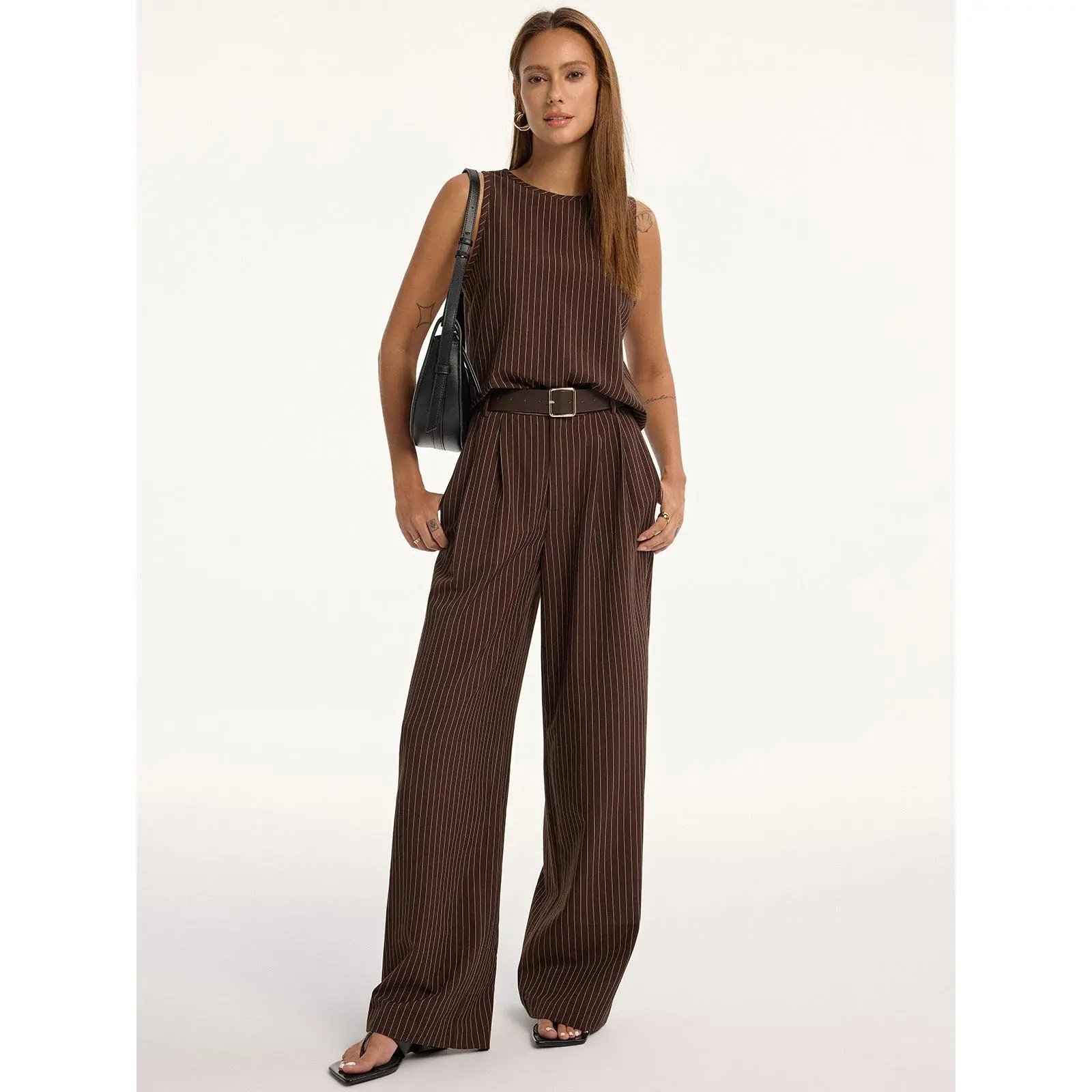 Women's 2-Piece Pinstripe Sleeveless Clothes Set with Belt, Including Top and Pants