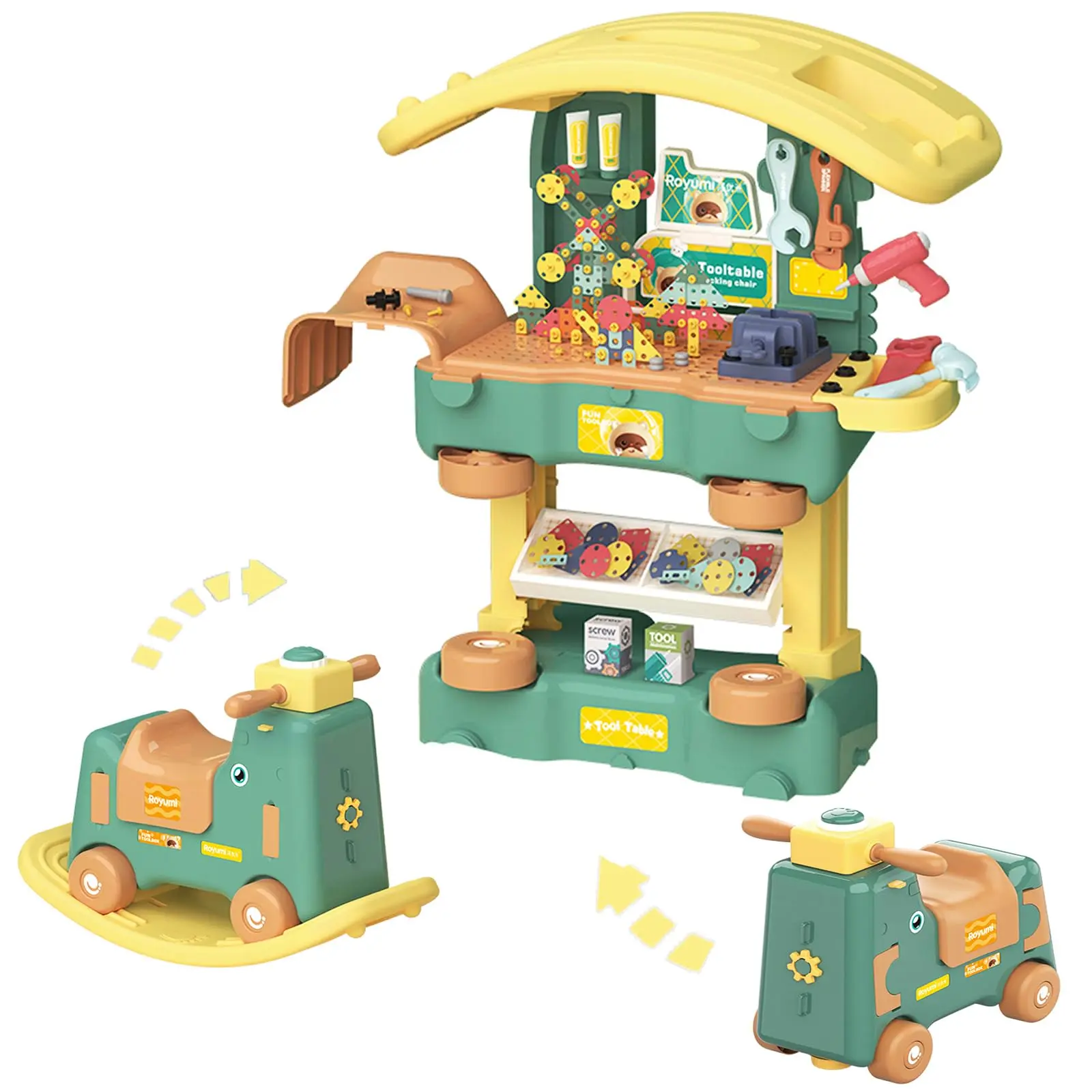 GARVEE 3-in-1 Tool Bench and Rocking Toy Playset with 254 Pieces Including Realistic Tools, Perfect Outdoor Gift for Boys and Girls Toddlers