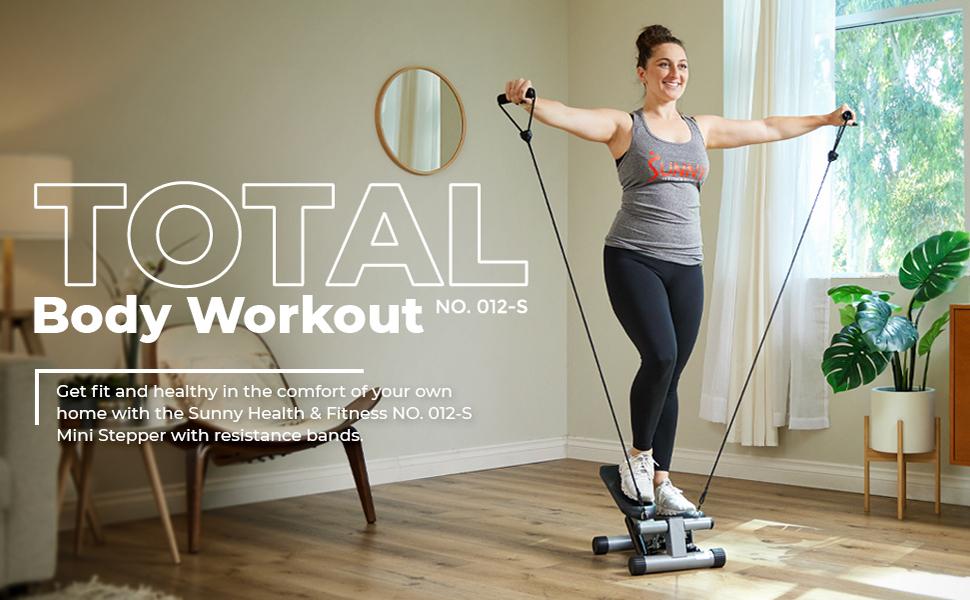 Sunny Health & Fitness Original Mini Stepper with Resistance Bands, 300 lbs Capacity, Compact Home Gym Workout, Quiet Hydraulic Drive, Full-Body Cardio Trainer