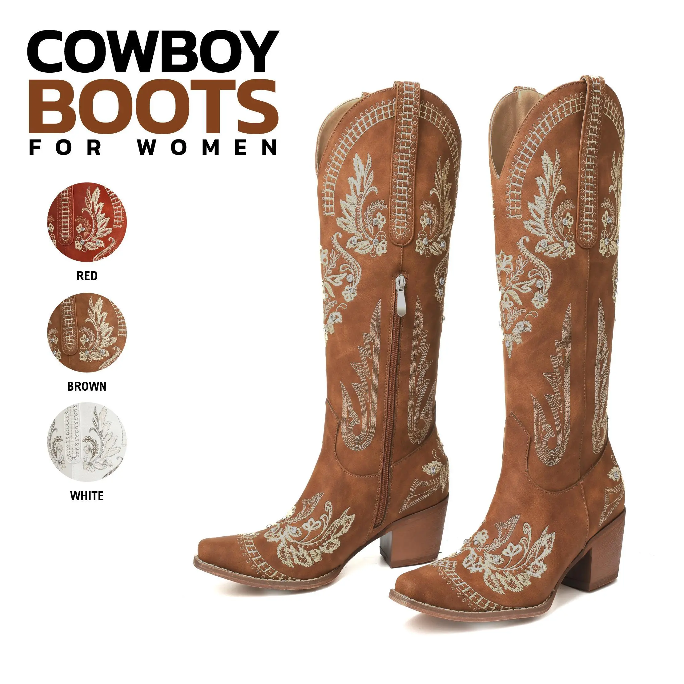 Cowboy Boots For Womens Knee High Snip Toe Chunky Heel Side Zipper Embroidered Festival Country Wedding Casual Outing Dance Fall Dress Cowgirl Elegant Western Fashion Comfortable Trendy Vintage Boots