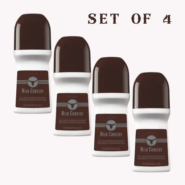 AVON Wild Country Roll-On Antiperspirant Deodorant for Men — Men's Deodorant with 24-Hour Odor Protection — Quick-Dry, Non-Staining Roll-On Formula for Daily Use & Travel — Pack of 4, 2.6 oz