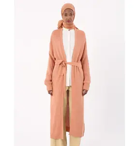 Modern Muslim Women's Belted Long Knitted Cardigan - Pink