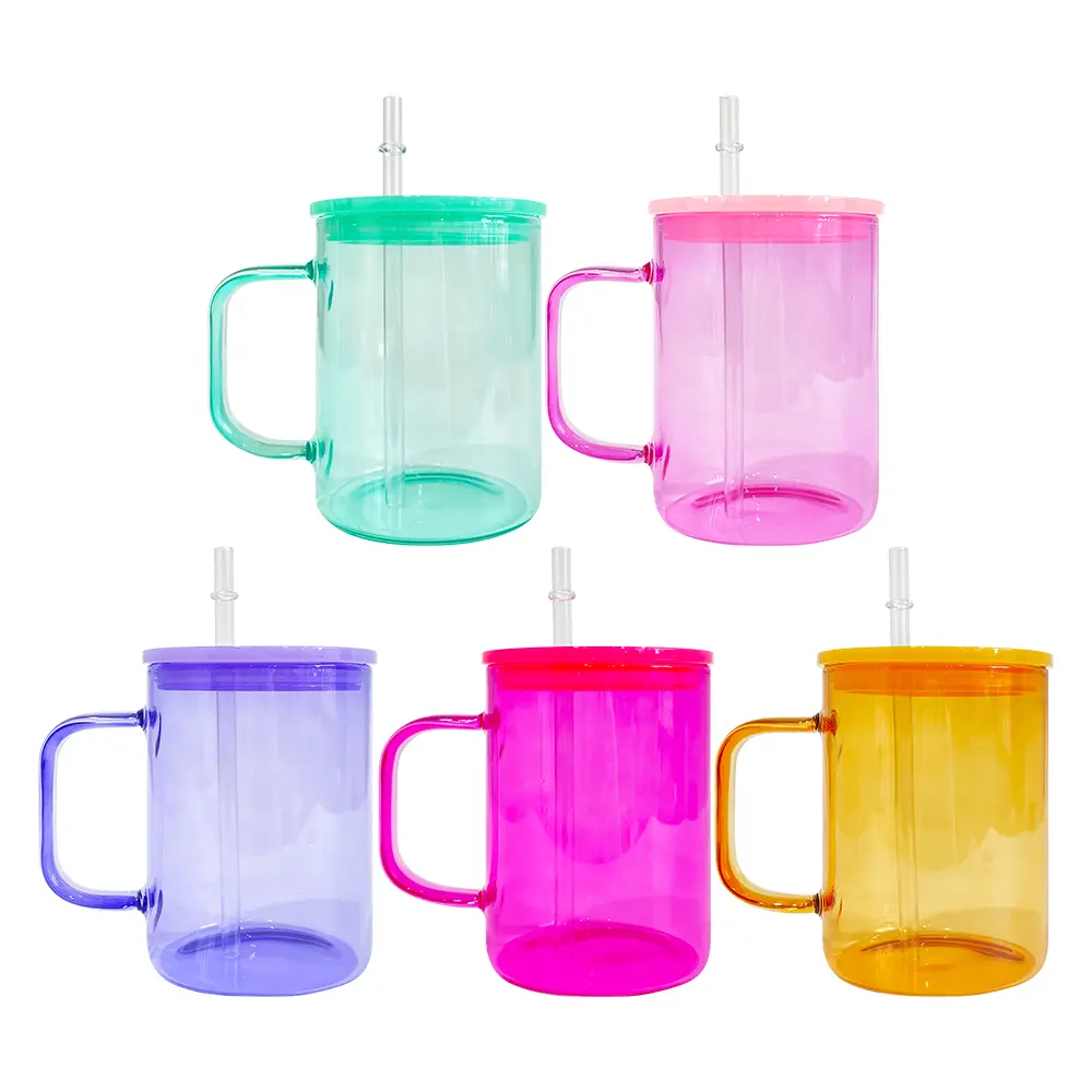 25pcs 17oz Jelly Colors Sublimation Handle Glass Cups Mugs with Colorful Plastic Lids USA Warehouse Blank Sublimation Glass Mugs For Sublimation And UV DTF Wrap