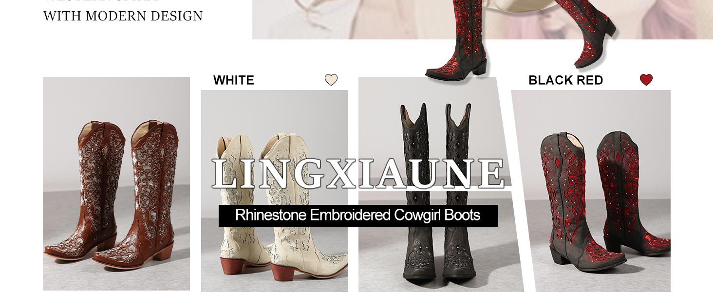 Western Cowboy Boots with Comfortable Calf Black Cowgirl Boot Women Sparkly Rhinestone Wedding Boots Trendy Vintage Tall Glitter Boot with Embroidery and Chunky Heel for Daily Wearing Office Party