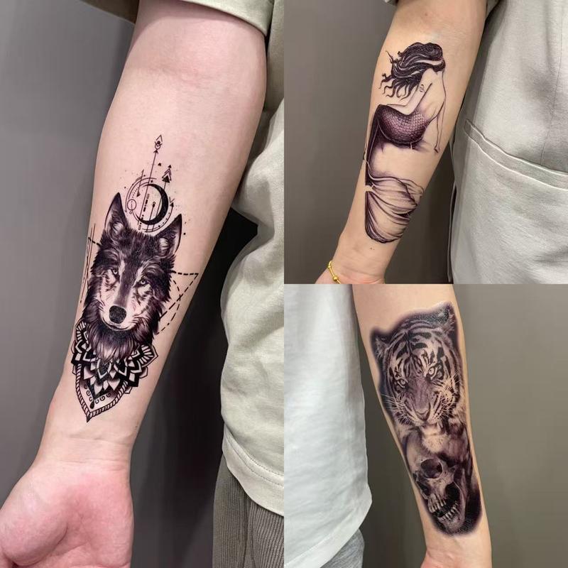 72 Sheets Temporary Tatoo 12 Large and 60 Medium-sized sheets Black Arm Temporary Tattoos For Men Forearm Women Thigh, Half Sleeve Animals Dragon Lion Tiger Wolf Dream Cather Temporary Tattoo Stickers Adults, Death Skull Compass Flower Fake Tattoos