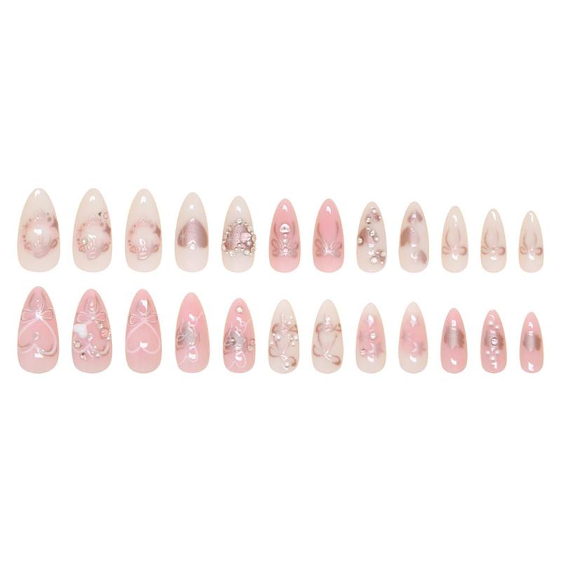 Pink Press on Nails Short Almond Fake Nails with 3D Heart Pearl, Rhinestones, Glitter Star, Flower Charms & Cute Bow Design – Full Cover Stick On Nails Glue On False Nails for Women & Girls 24Pcs
