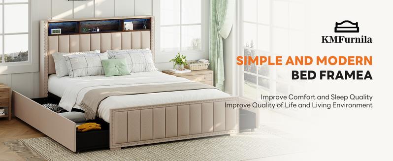 Upholstered Storage Bed Frame With LED Lights – 4 Built In Drawers & Headboard Charging Station – Modern Platform Bed For Small Bedroom And Master Suite