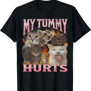Men's Cotton Short-Sleeve Round-Neck Funny Cat Meme "My Tummy Hurts" Bootleg Graphic Tee, Casual Streetwear Top for AllTechV, Shortsleeve