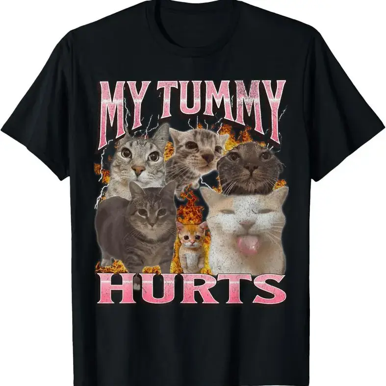 Men's Graphic T-Shirt with Funny Cat Meme, Classic Heavyweight Cotton Streetwear, Loose Fit Round Neck Top in Various Sizes, Gift for Boyfriend