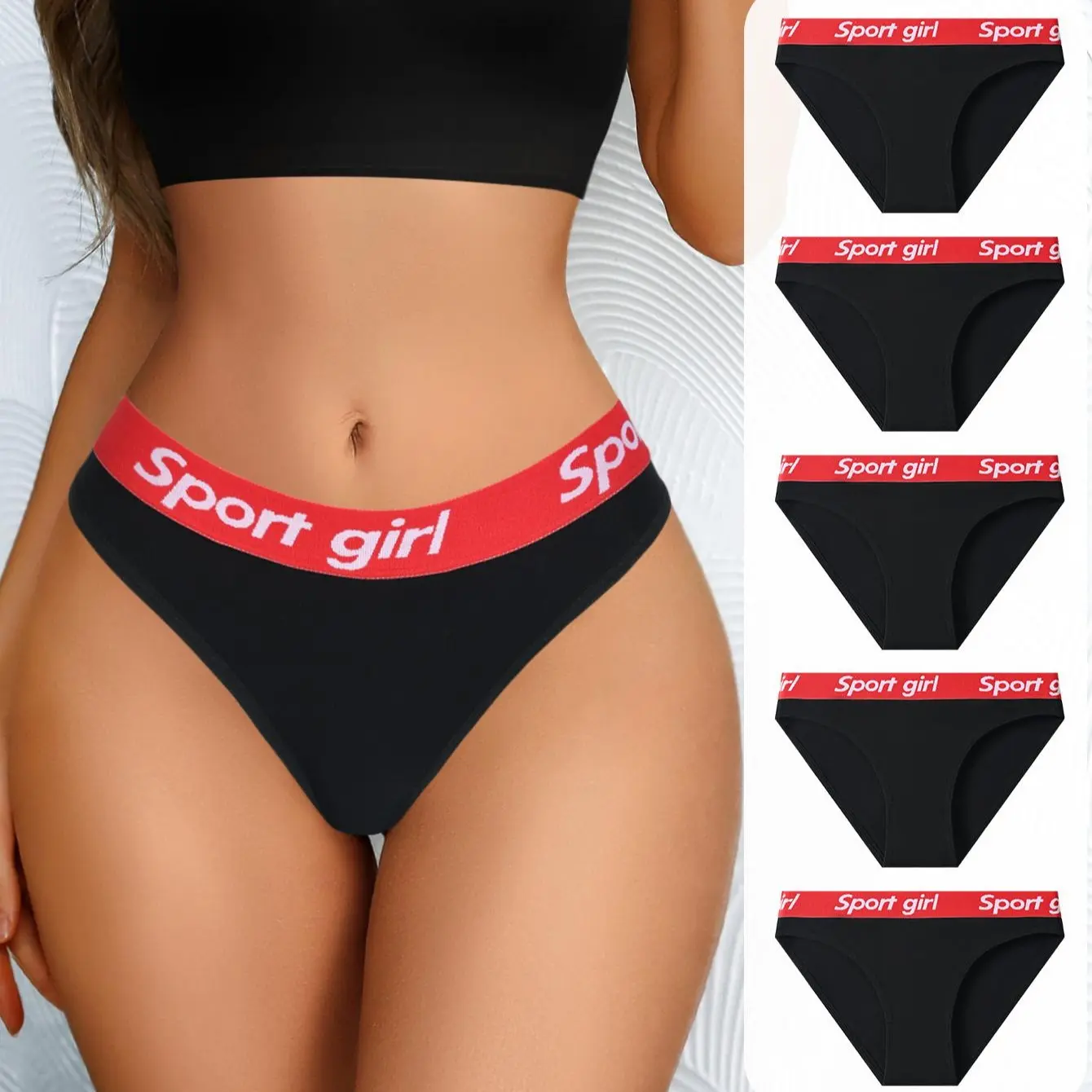 Hotcom Women's 5-Pcs Black Letter Design Knit Briefs - Comfortable, Stylish, Cute, Breathable, Sporty Panties for Daily Wear & Athletic Use (All Seasons)