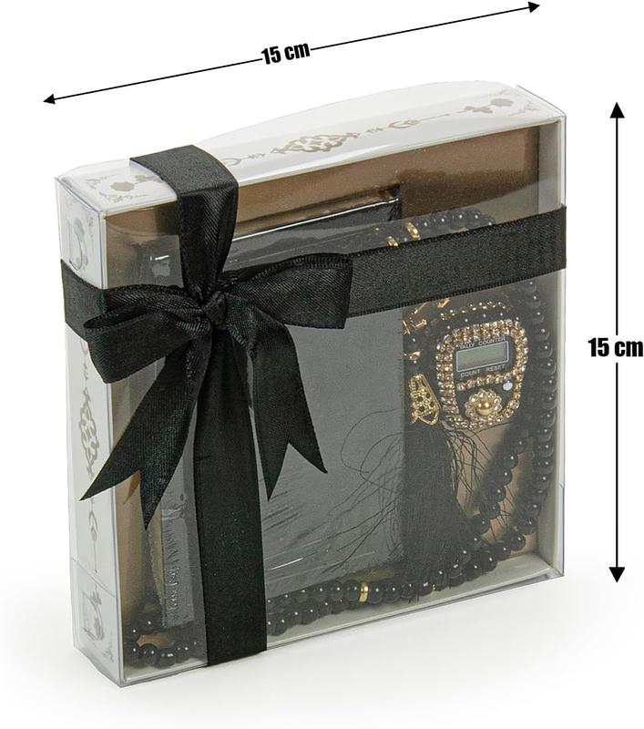 Medina Calligraphy Quran Set with Islamic Finger Counter, Portable Digital Prayer Tasbeeh, Pearl Zikirmatic Beads, 3 Pieces Gift for Ramadan & Eid & Mawlid (Black)