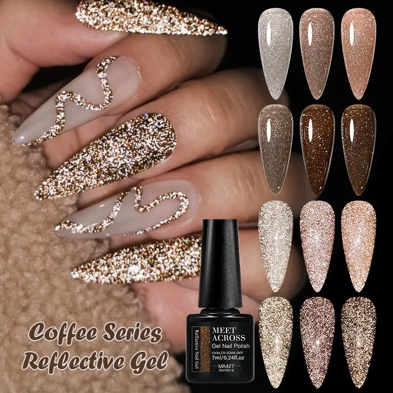 Meet Across 6 Colors Champagne Series Reflective Gel Nail Polish, Winter Autumn Glitter Gel Set Dark Flawless Glamorous Effect, 7ML Nail Art Gel Polish