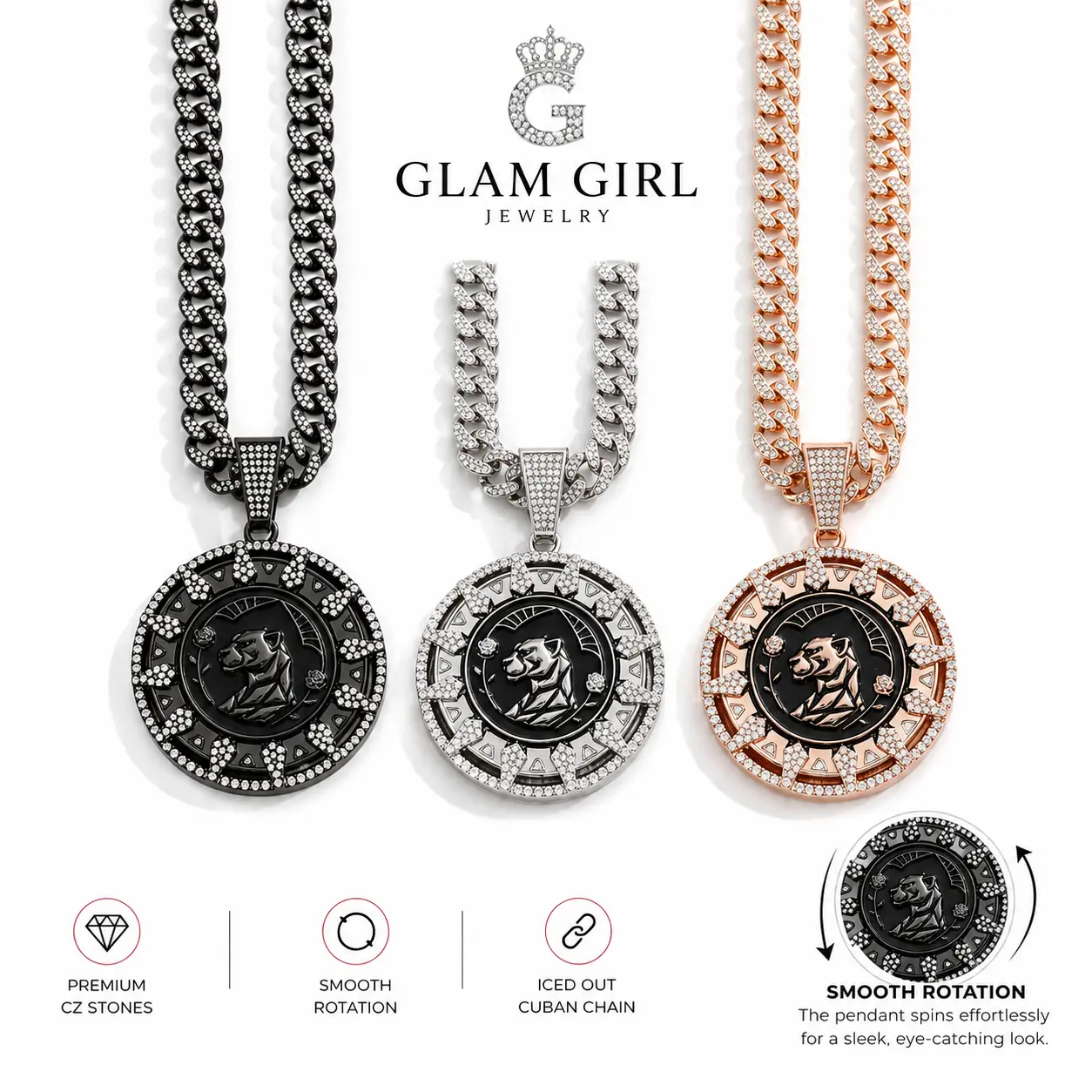 Hip Hop  Men's Rotating Black Panther Animal Pendant Necklace with Cubic Zirconia CZ Details, Cuban Link Chain, Black Silver Rose Gold Tone Panther Medallion, Hip Hop Streetwear Statement Jewelry, Men's Fashion Accessories, Gift for Him
