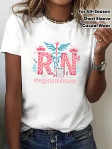 Women's RN Registered Nurse Graphic T-Shirt with Icons & # RegisteredNurse Print - Vibrant Green Short Sleeve Crew Neck Casual Top, Medium Stretch Machine Washable All-Season Comfort, Healthcare Apparel, Nursing Themed Shirt, Comfortable Fit Shirt, Hospit