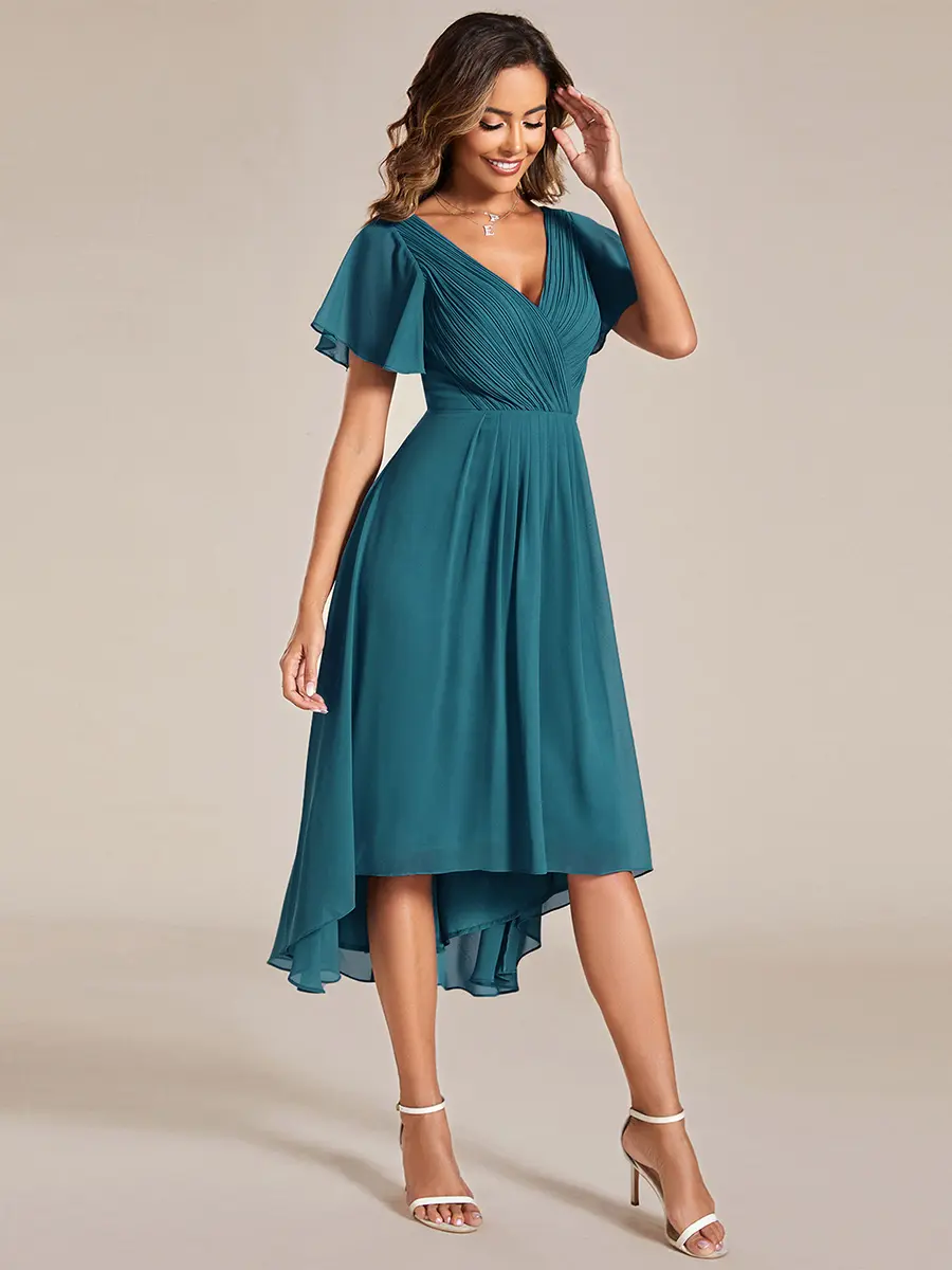 Ever-Pretty Women's 2026 Spring Elegant Chiffon Midi Dress - Deep V-Neck, Flutter Sleeves, Asymmetrical Hem - Basic Formal Wedding Guest Dress 01923, Shortsleeve, Wedding Guest Dresses