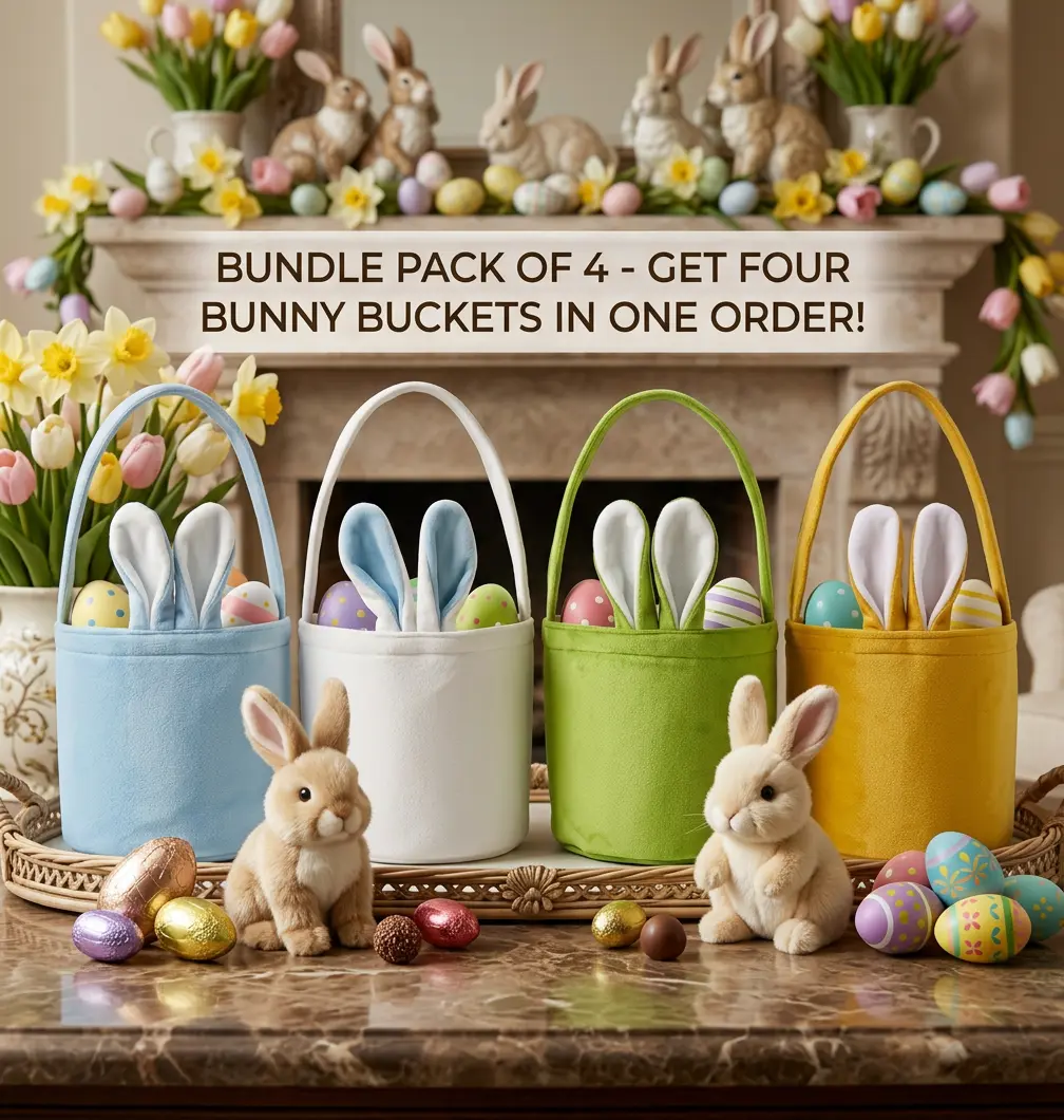 4-Pc Plush Easter Rabbit Handbag Gift Set - Fluffy Ears Rope Egg Hunt Baskets with Handles, Durable Pastel Plush Fabric Empty Baskets for Babies and Toddlers, Toddlers+ Gift Storage & Toy Organization