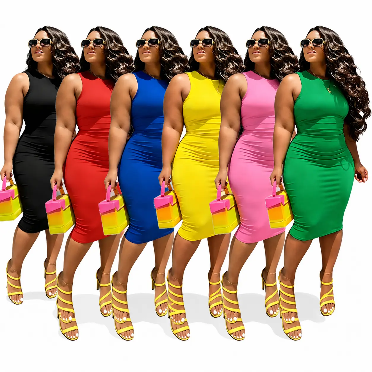 Plus-Size Women's Minimalist Sleeveless Slim-Fitting Polyester Sheath Midi Dress, Comfortable Basic Essential for Casual Everyday Wear