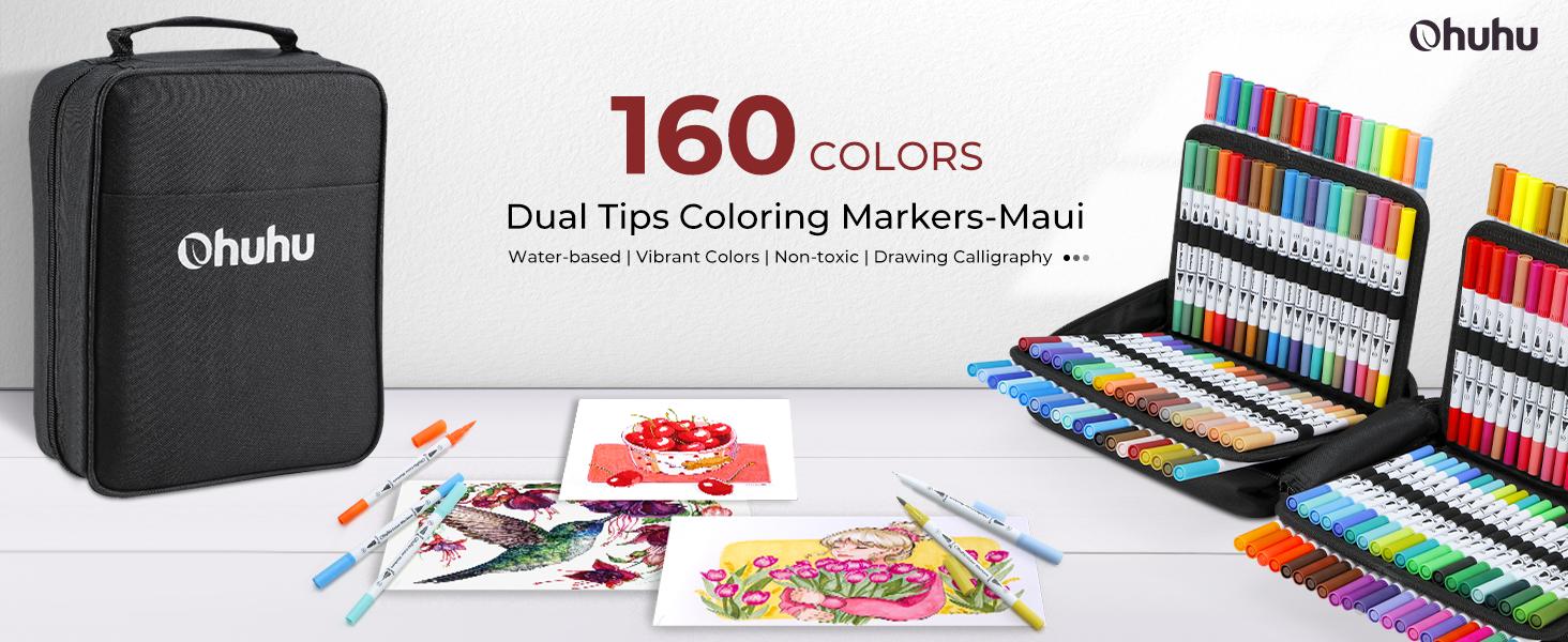 Ohuhu Maui 160-color Brush Pens Dual Brush Fine Tip Drawing Pens Water-Based Coloring Markers for Calligraphy Bullet Journal with Carrying Case -Maui